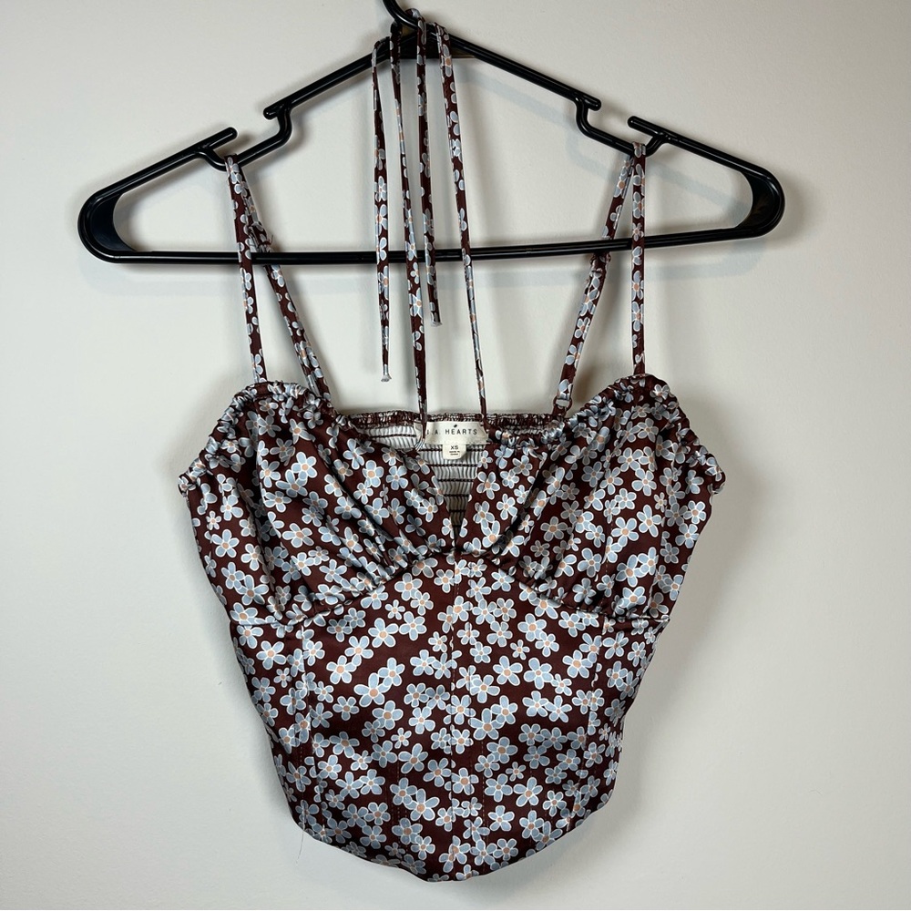 Brown and Blue Floral Print Satin Corset Top